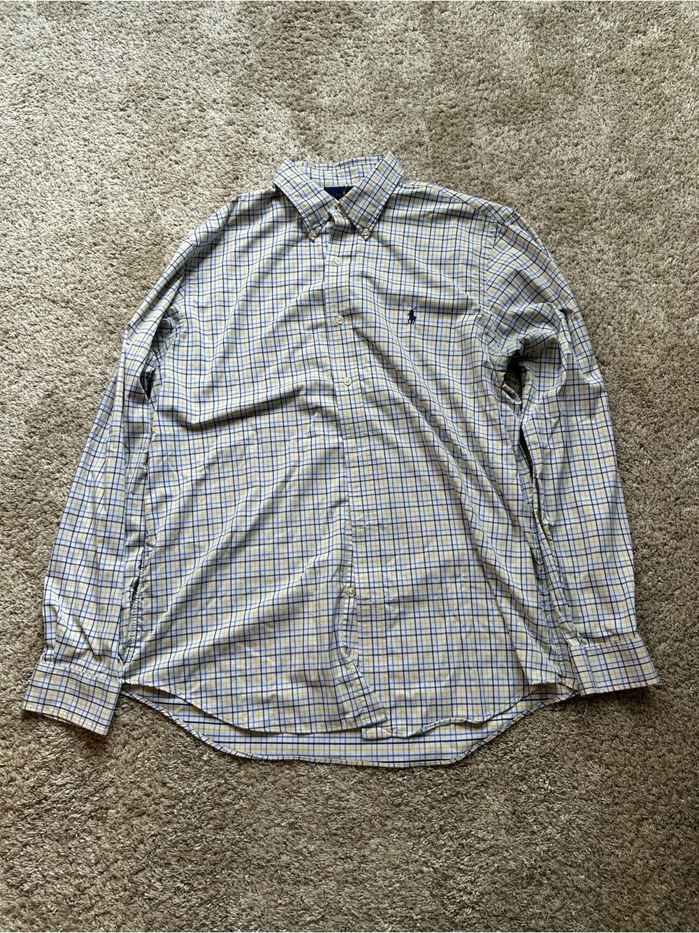 Ralph Lauren Men's White Shirt with Blue and Yellow Plaid